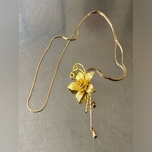 Vintage Gold Tone Bolo Lariat Style Slide Necklace Flower Mesh Rose 30" Fashion